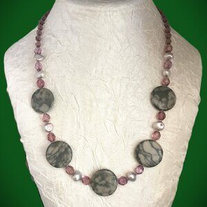 Gray Marble & Lavender Pearls Necklace, with Amethyst Austrian Crystals NWT